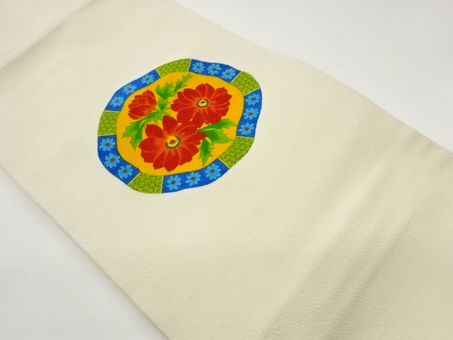 JAPANESE NAGOYA OBI / CHIRIMEN / HAND PAINTED / FLOWER